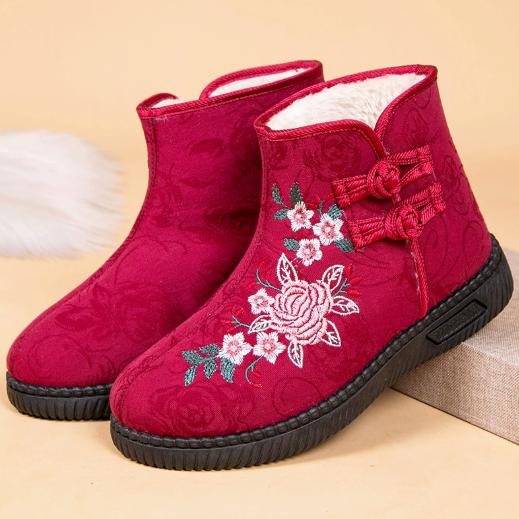 Embroidered High Boots: Warm, Non-Slip, Soft-Soled Cotton Shoes for Elderly - Ethnic Style, Perfect for Winter(Order A Size Up)