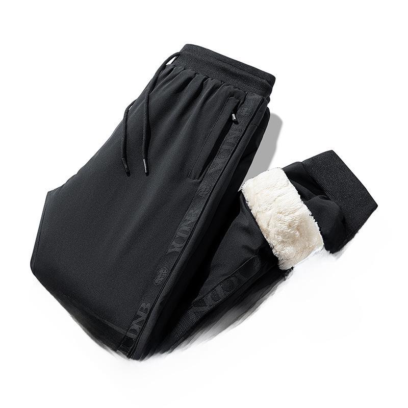 Men’s Warm Windproof Cotton Sweatpants: Large Size, Fleece-Lined Lambskin for Autumn & Winter