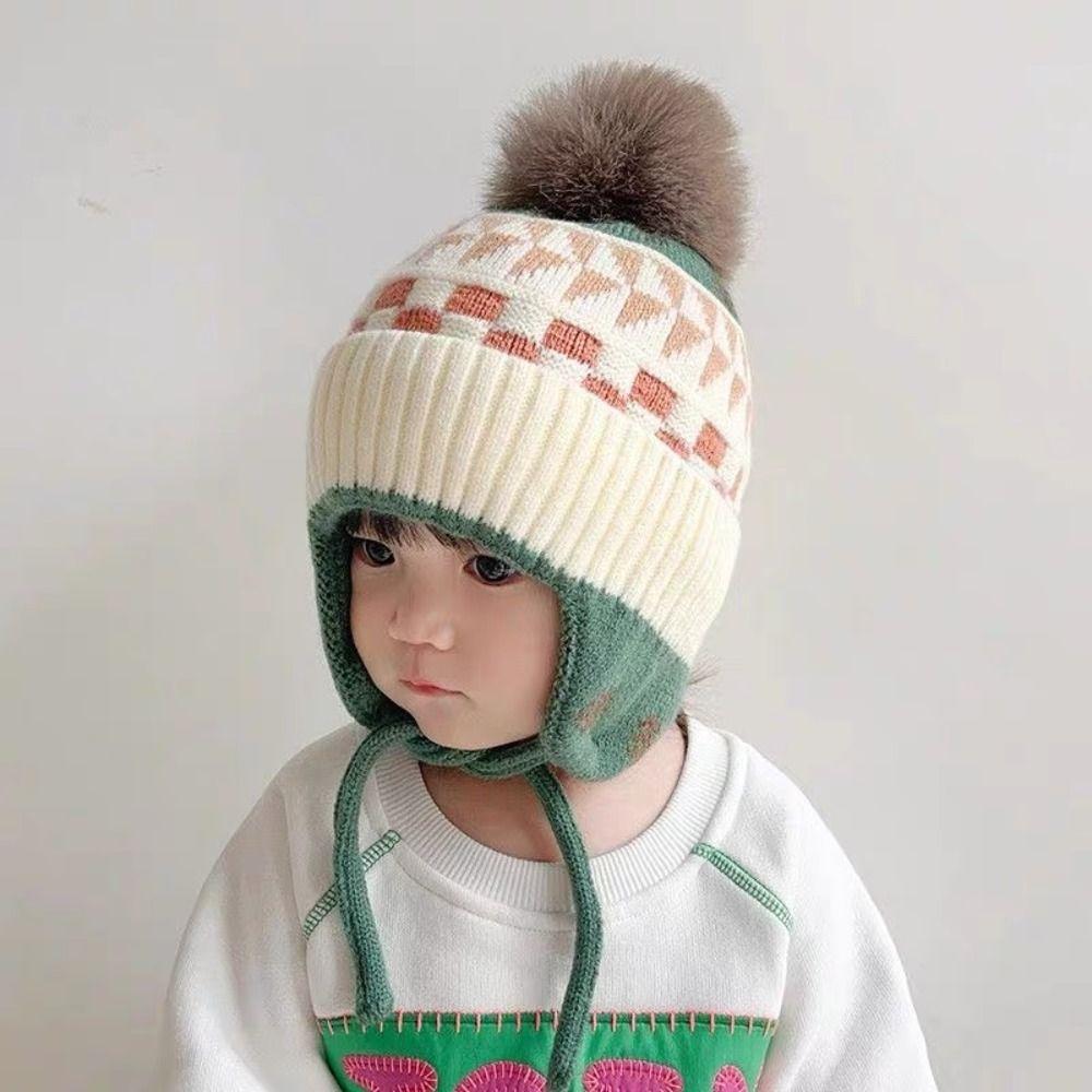 Jacquard Baby Knitted Hat Hairball Kids Earmuffs Cap Fashion Children Beanies Cap  Windproof