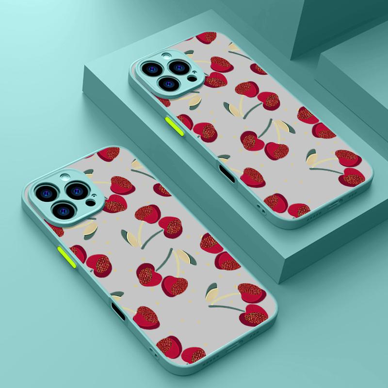 Simple Cherry Pattern Clear Matte Phone Case For iPhone 16 Pro Max 15 Pro 14 13 12 11 Soft Edge Shockproof Lens Protection Slim Phone Cover