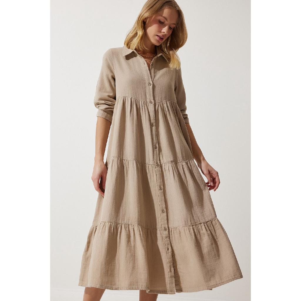 Women's Beige Muslin Flared Shirt Dress Sa00024