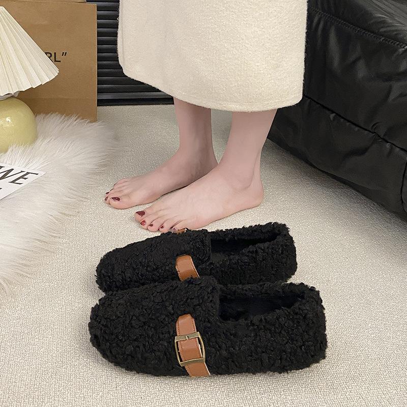 Flat-bottomed one-pedal lazy fluffy shoes for women to wear 2025 new autumn and winter velvet beanie single shoes cotton shoes