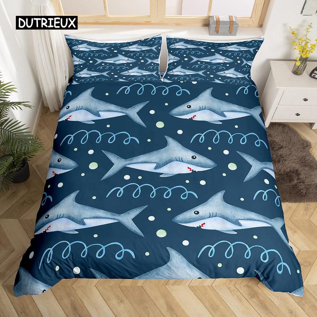 Shark Duvet Cover Set Deep Sea Animal Bedding Set Cartoon Ocean Sharks Colourful Hand Drawn Comforter Cover For Kids Boys Girls
