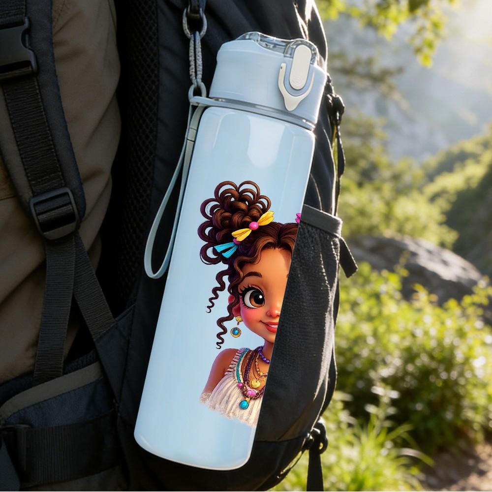 1PC Cute Little Girl Braided Hair Portrait Print 750ml Color Plastic Sports Water Bottle Leakproof Flip Straw Lid Suitable for Sports Office Home Use