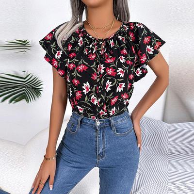 Top in chiffon con lacci e volant allentato da donna primavera estate per camicette floreali con maniche volanti o collo da donna