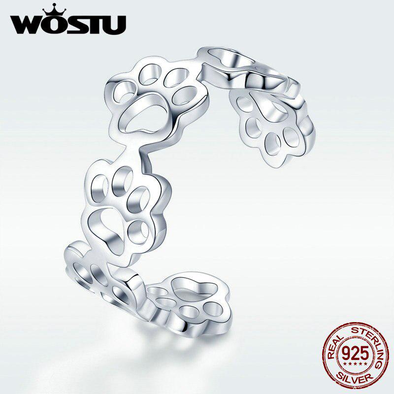 WOSTU Genuine 925 Sterling Silver Pawprint Paw Print Pet Finger Rings For Women Girl Cute Ring