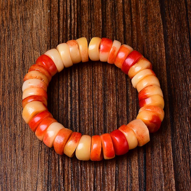 Natural Semi-Blood Cow Bone Imitation Camel Bone Disc Bead Bracelet with Yak Bone Tassel and Amber Accents