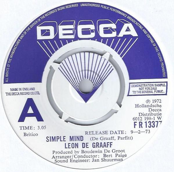 

7-дюймовая пластинка LEON DE GRAAFF Simple Mind FR13377 Decca 1973 UK Поп Б/у