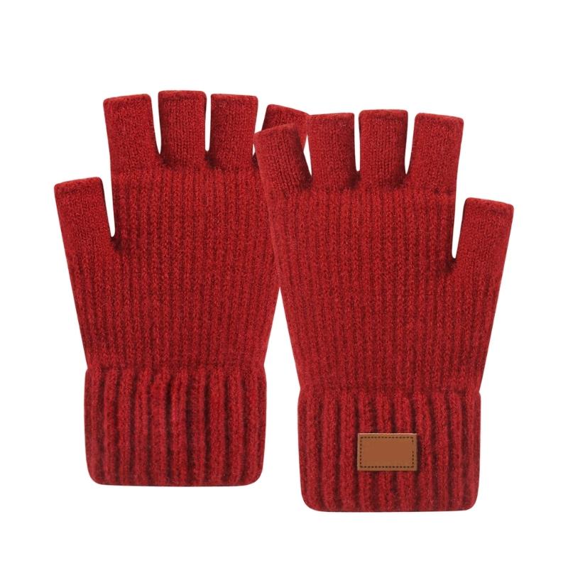 Thickened Warm Gloves Half Finger Design Flexible Screentouch Gloves Soft Polyester Knitting Handwear with Fleece Liner красный
