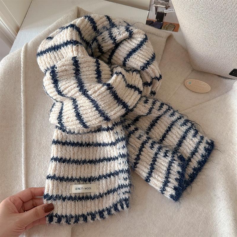 Korean Knitted Scarf With Wool, Women S Fashionable Stripes, Winter Thickened Warm And Casual And Versatile Couple S Wool Scarf One Size