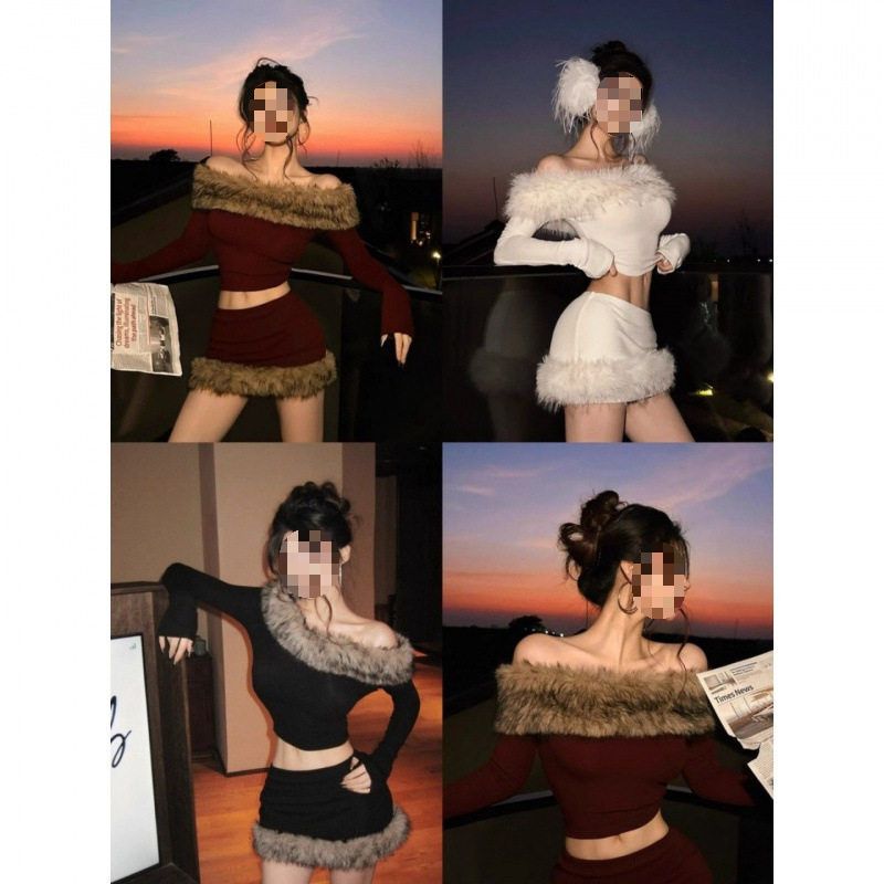 Hot Girl Style Knitted Suit 2025 Autumn and Winter New Style Terry Patchwork One-Shoulder Top High-Waisted Skirt Two-Piece Suit