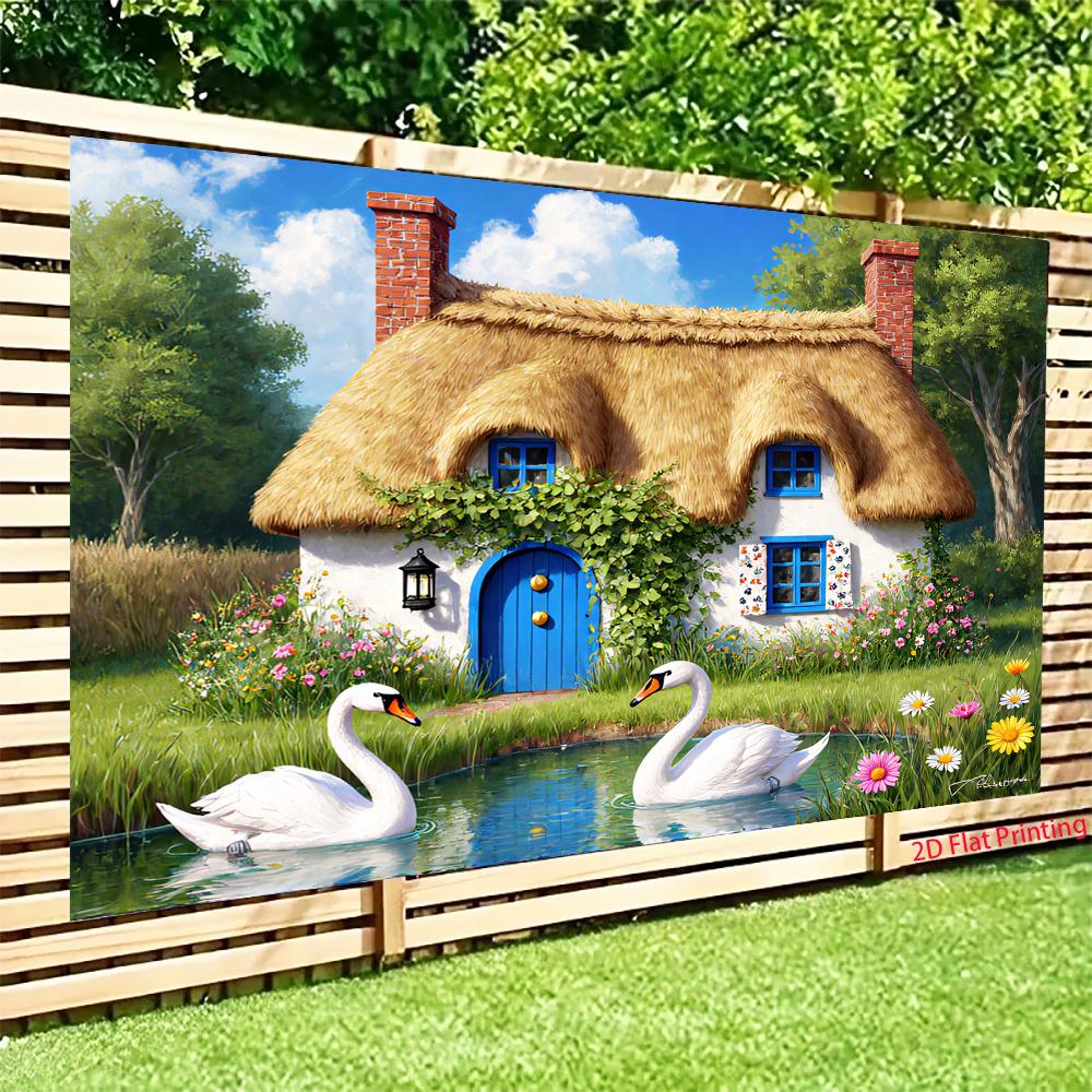 One-piece fairy tale cottage with a swan lake, suitable for party themes and occasions, room decoration backdrop fabric