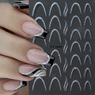 Nail Art Sticker French Smile Line Silver Glitter Diy Corrugated Line Adhesive Nail Sticker