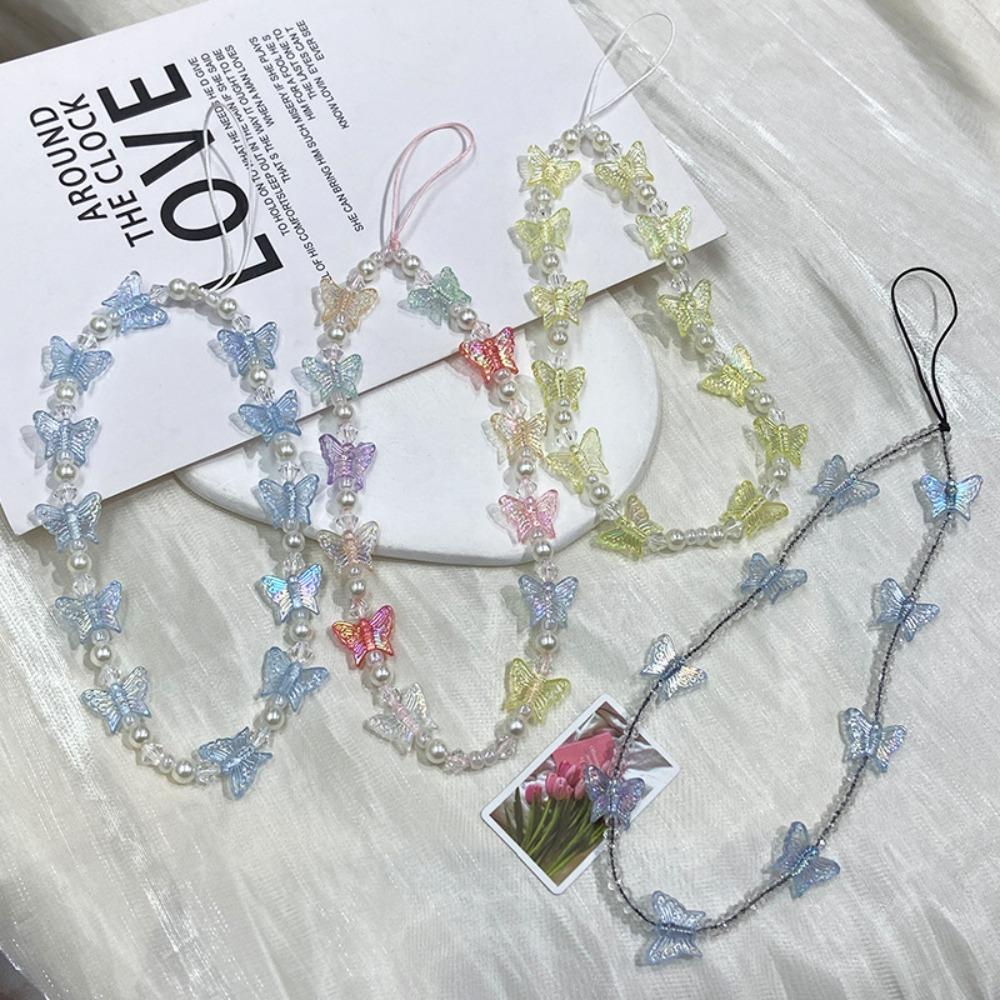 Butterfly Beaded Butterfly Cellphone Lanyard Anti-lost Crystal Clear Candy Colors Cellphone Keychain Sweet Kawaii