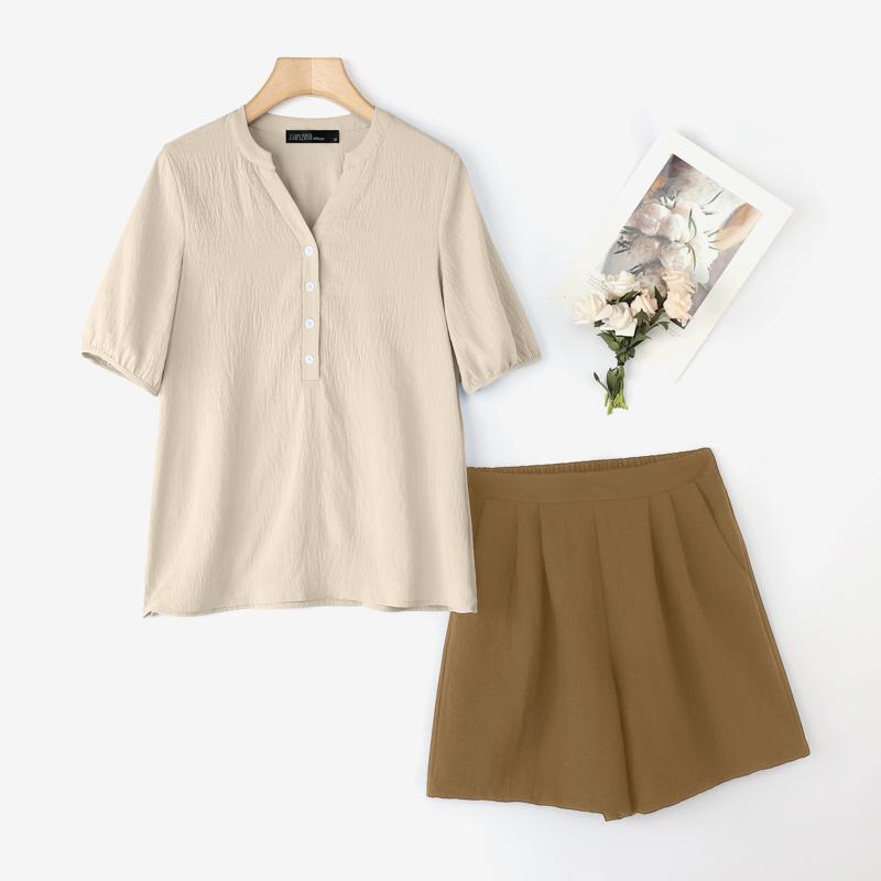 ZANZEA Women Short Sleeve Blouse and Shorts Summer Two Piece Suit Sets