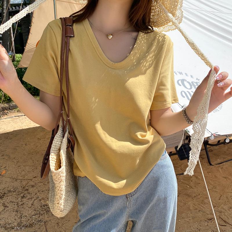 

Футболка с короткими рукавами и V-образным вырезом, женская свободная летняя новая однотонная футболка с короткими рукавами, замедляющая старение, белый топ из чистого хлопка для ранней весны L