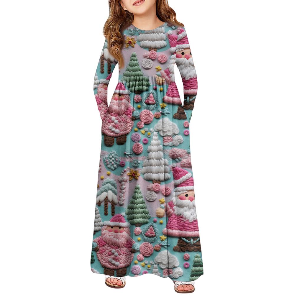 Girls' Maxi Dress - Long Sleeve Pocket Dress Christmas Day
