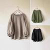 Damen Rundhals Langarm Locker Geschnitten Bluse Lässig Laternenärmel Einfarbig Vintage Oberteil
