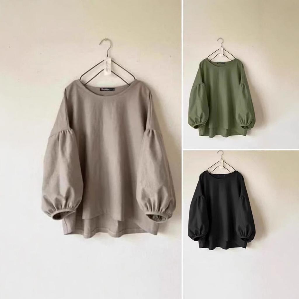 Damen Rundhals Langarm Locker Geschnitten Bluse Lässig Laternenärmel Einfarbig Vintage Oberteil