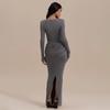2025 European & American Women's Sexy Ruched Long-Sleeve Dress with Back Slit