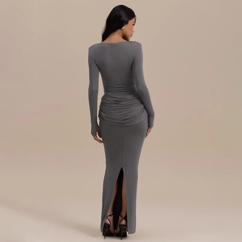 2025 European & American Women's Sexy Ruched Long-Sleeve Dress with Back Slit