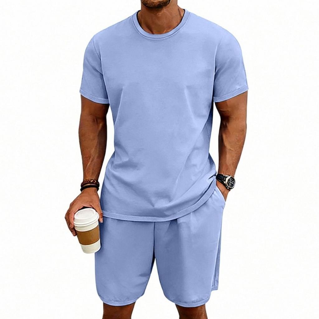 Men's Color Sports Casual Round Neck Short Sleeve Shorts Set
