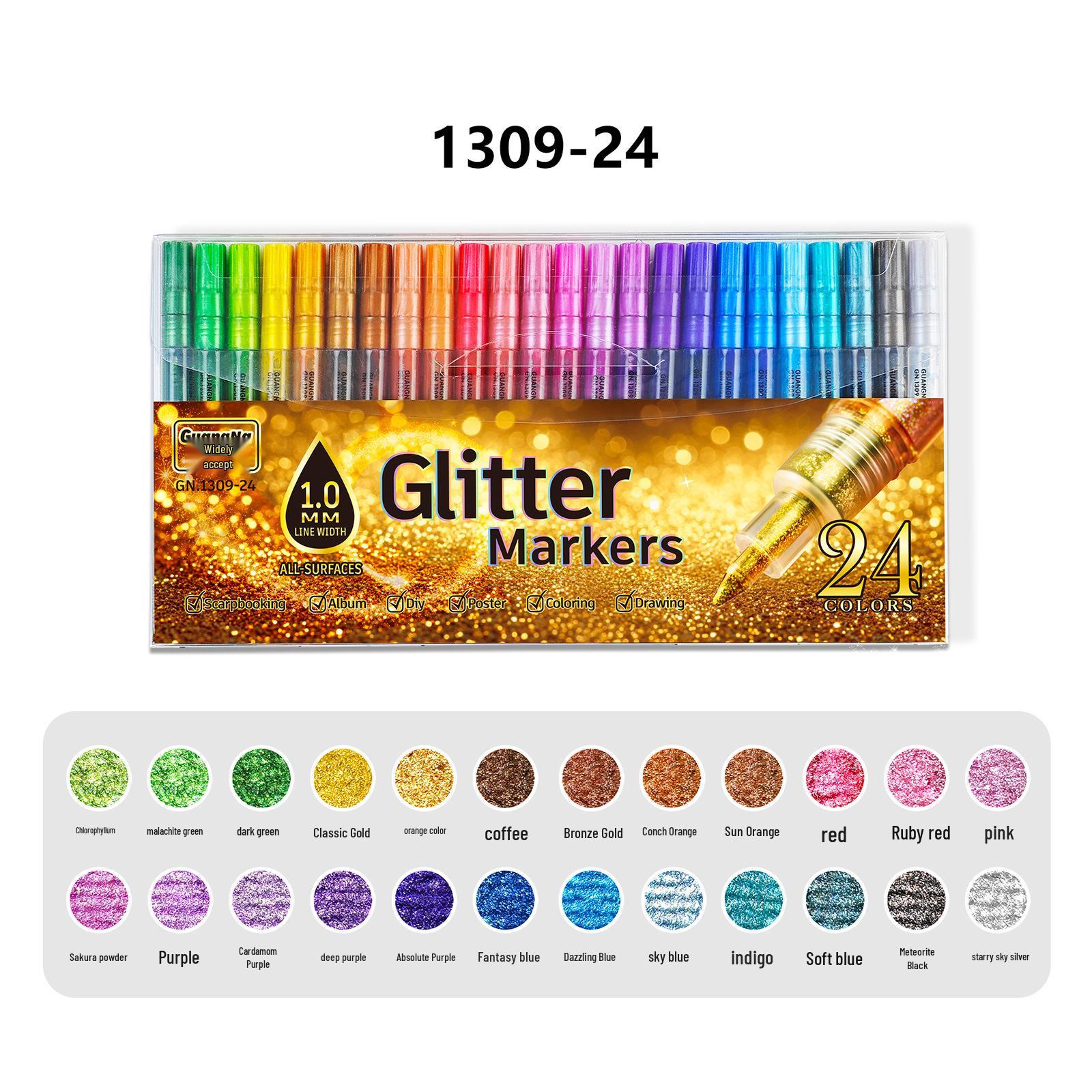 Fine-Tip Glitter Markers: Multi-color, Press-Activated, Stackable, Water & Sun-Resistant, 0.7mm Hard Tip for Dazzling Drawings.