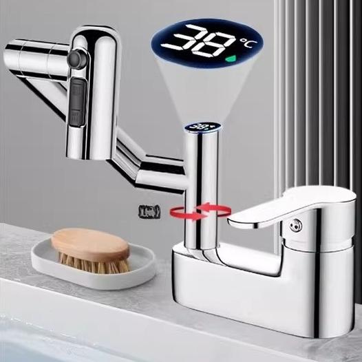 Washbasin Faucet Bathroom Multi-functional Mechanical Arm Cold and Hot Water Tap Digital Display Household Universal Rotation