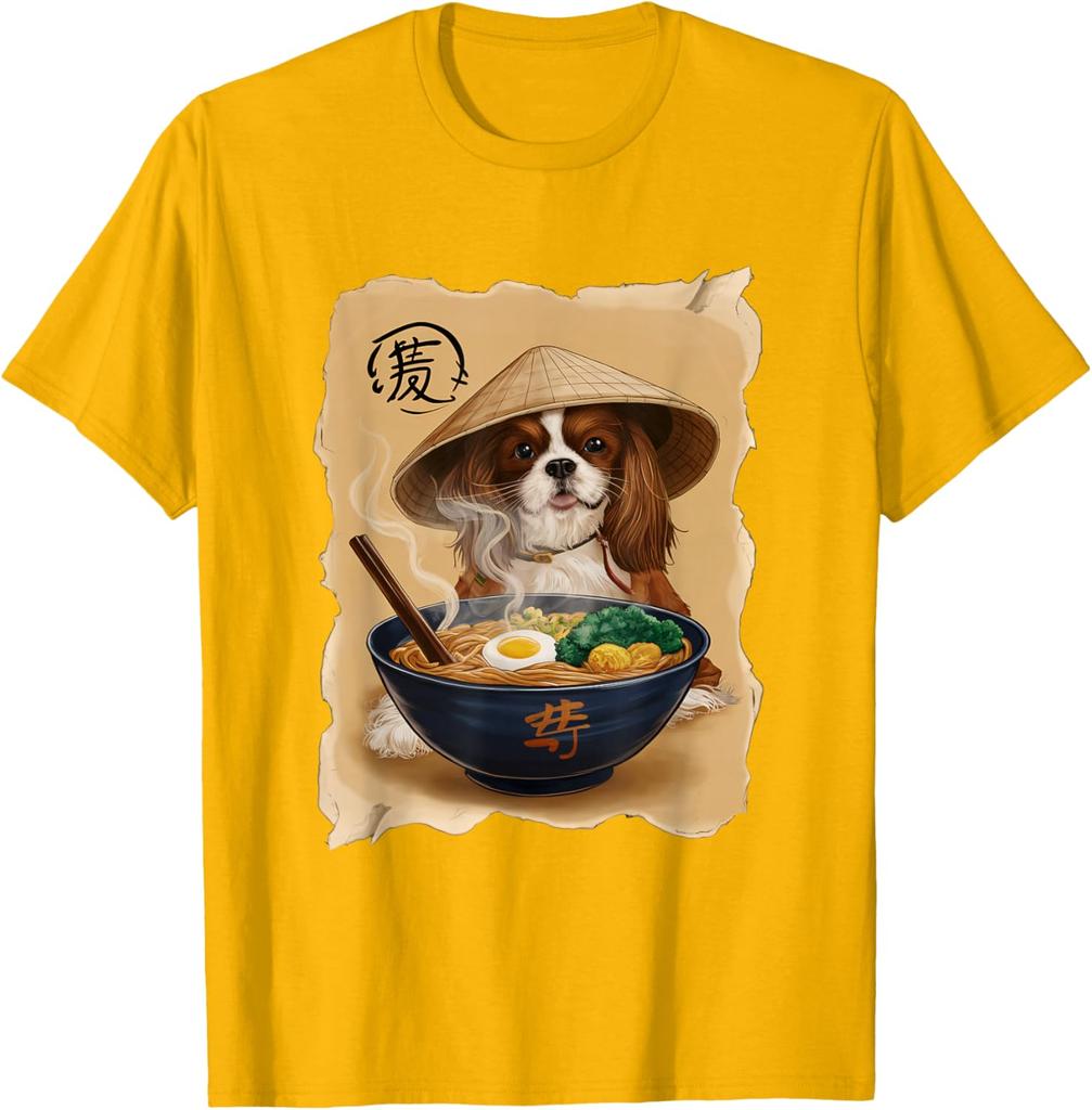 Cavalier King Charles Spaniel Eating Ramen Graphic T-Shirt Cool Asian Style Print Men's Casual Tee