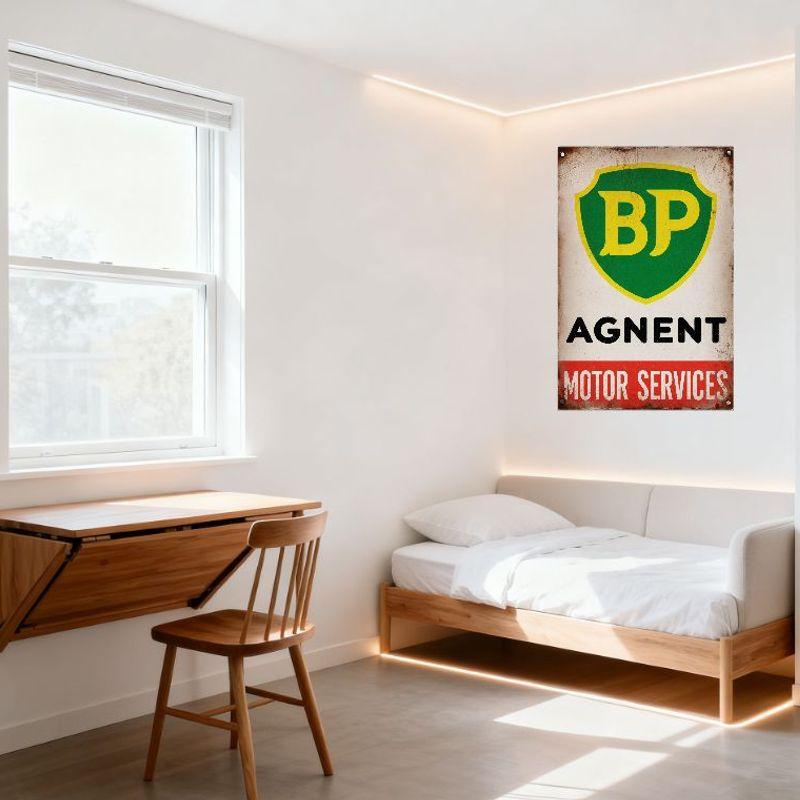 Vintage BP Agent Motor Services Metal Tin Sign - Aged Rust Shield Emblem Wall Plaque for Home Decor, Man Cave, Bar, Cafe, Restau