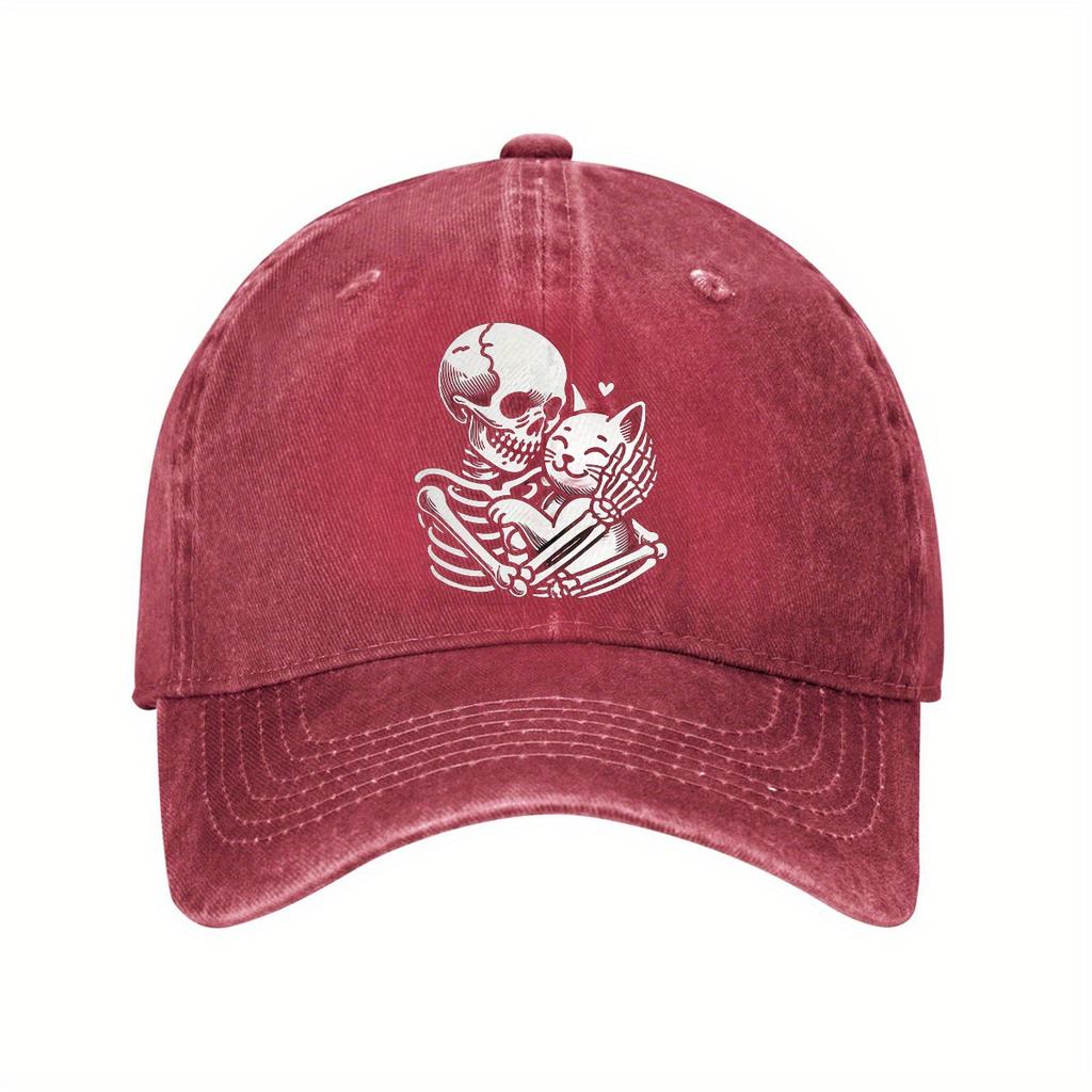 Skeleton Hugging Cat Print Baseball Cap Cotton Adjustable Curved Brim Dad Hat Casual Unisex