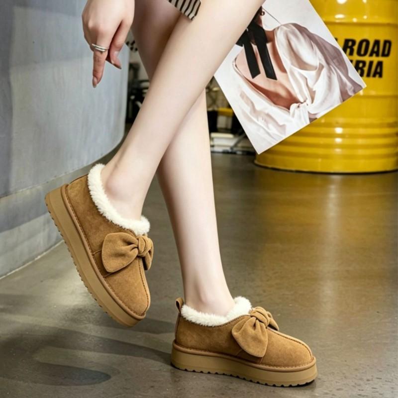 Womens Winter Flat Snow Boots With Bow Detail Genuine Leather Fur-Lined Slip-On Ankle