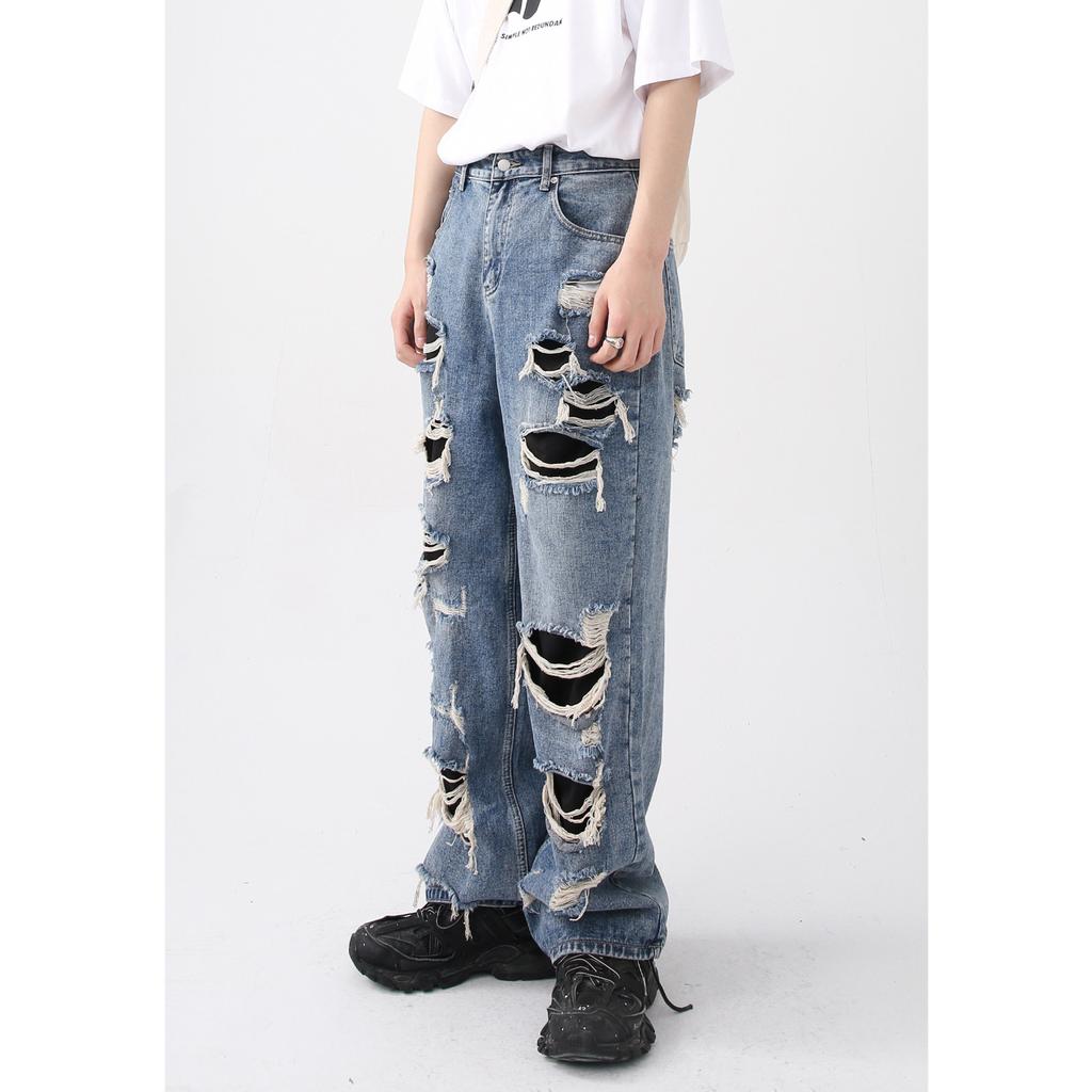 Men's Autumn New Product Retro Street Beggar Hole Patch Straight Leg Jeans for Men