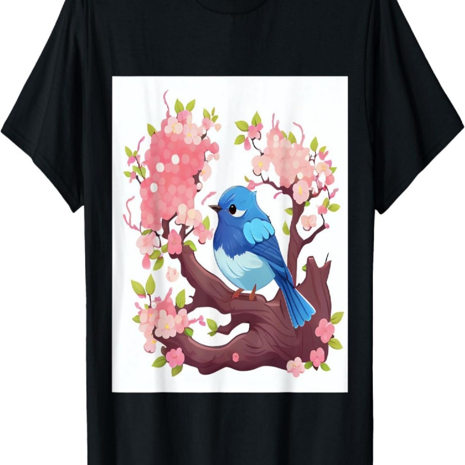 Delightful  Blue Bird and Cherry Blossom Nature T-Shirt S чёрный