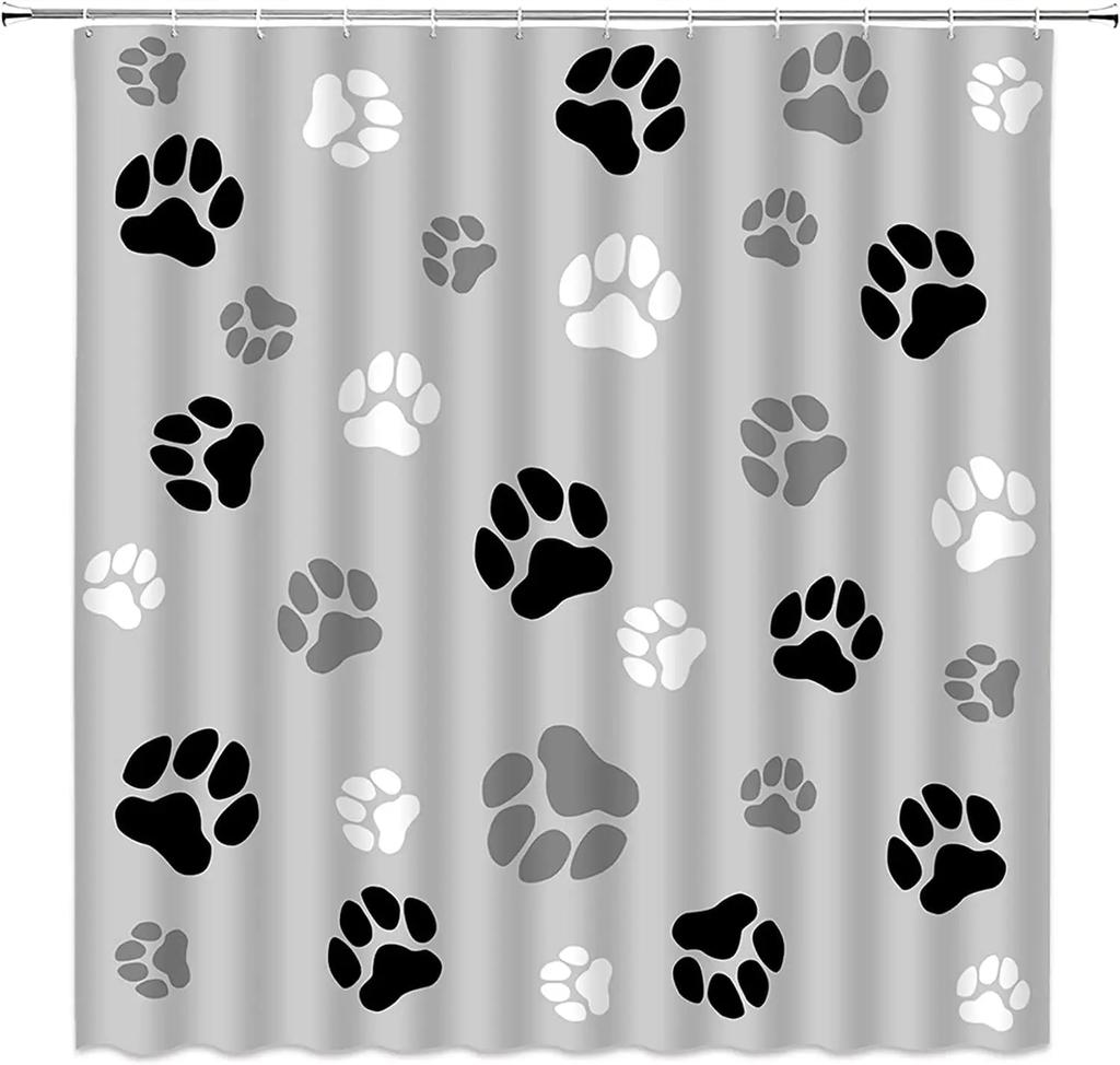 Paw Print Shower Curtain Gray Cat Dog Footprint Cute Lovely Pet Lover Cartoon Abstract Polyester Fabric Bathroom Decor Curtain