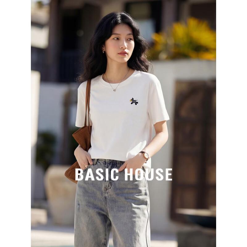 Basic House Women s Embroidered Cotton Round Neck Short Sleeve T-shirt One Size