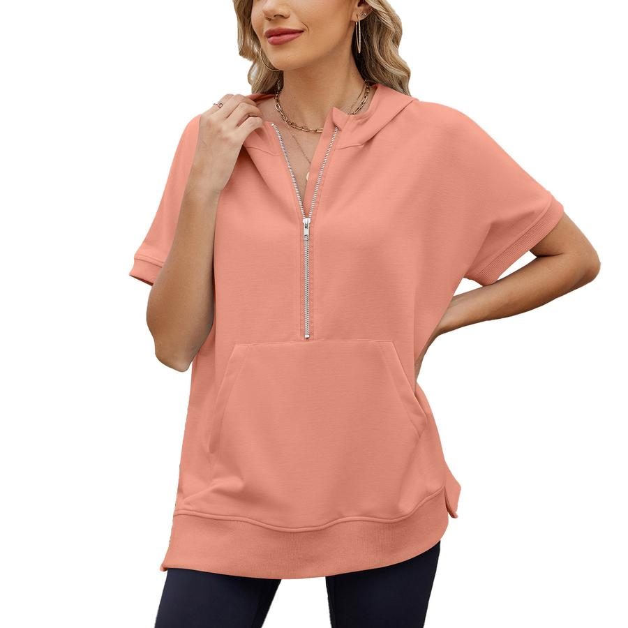 Spring Summer Loose Hooded Pullover Sweatshirt T-Shirt Top with Zipper Pocket