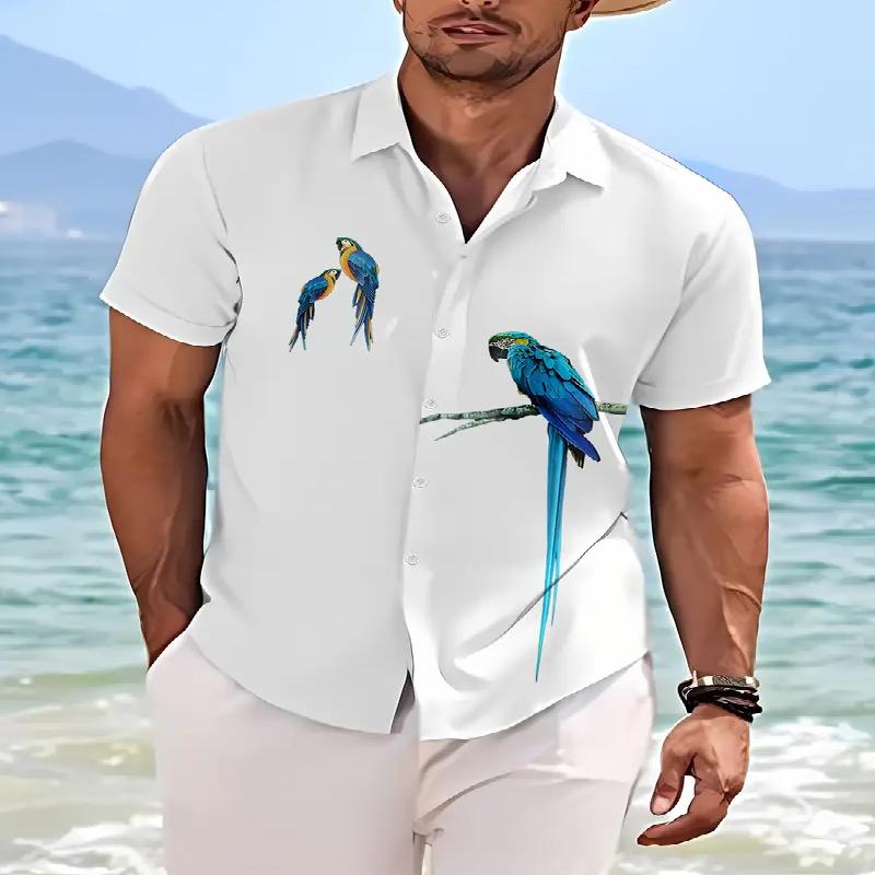 Summer Men's Button Up Shirt, Hawaiian Short Sleeved Shirt, Parrot Pattern 3D Digital Printing, Outdoor Activity Regular Style