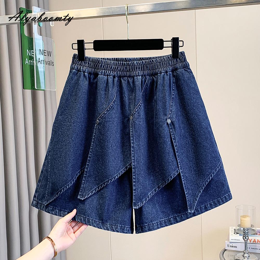 Taglie Forti Estate Donna Streetwear Pantaloncini di Jeans Vita Alta Casual Larghi Eleganti Pantaloncini-Gonna Base Donna Blu Gamba Larga Shorts