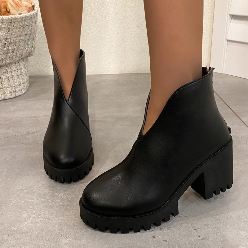 Fashion Chunky Heel Single Boots Women's Fashion Round Toe Platform Rear Zipper Anti-Slip Wear-Resistant Short Shoe