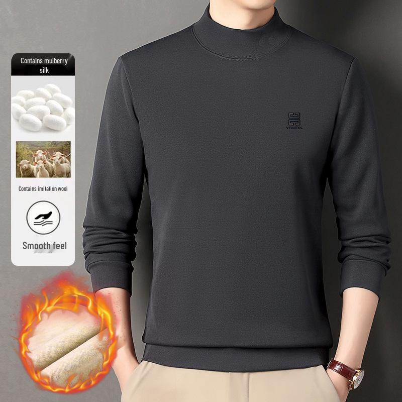 Men's Winter Luxury Velvet Hoodie 2025: Thick Half-High Collar Long-Sleeve Base Layer for Middle-Aged Dad