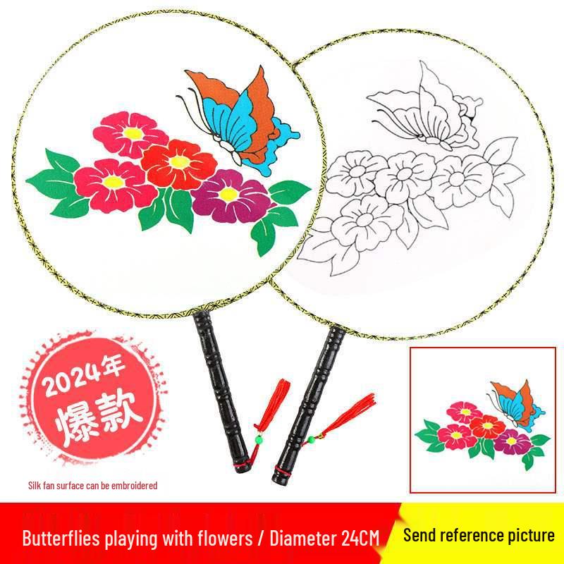 DIY Children's Silk Cloth Round Fan with Bamboo Handle - Palace Style Hand-Painted Kindergarten Craft