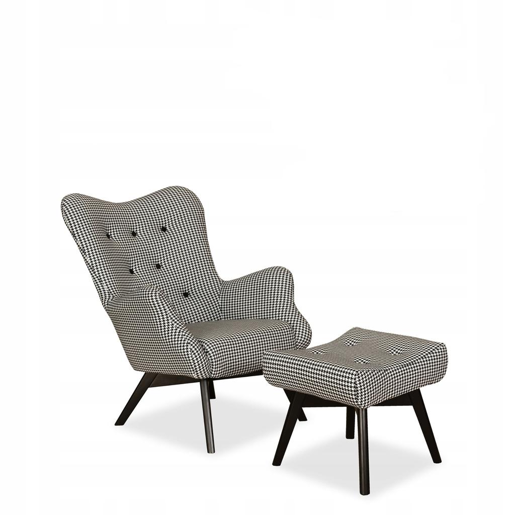 Scandinavian Armchair Luna Print with Footrest Pouffe Family Meble Houndstooth Black