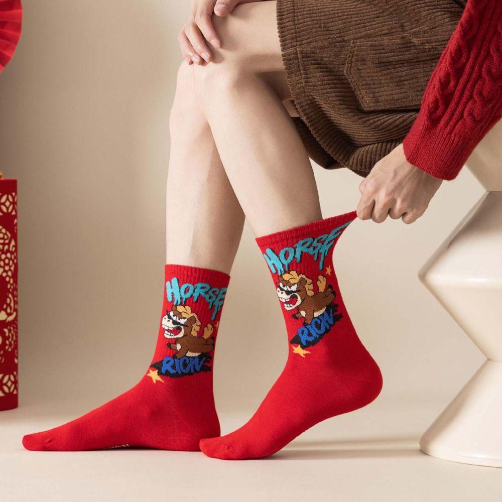 Chinese Culture Year of The Horse Socks Cartoon Red Cotton Socks Zodiac Year Socks Winter Autumn