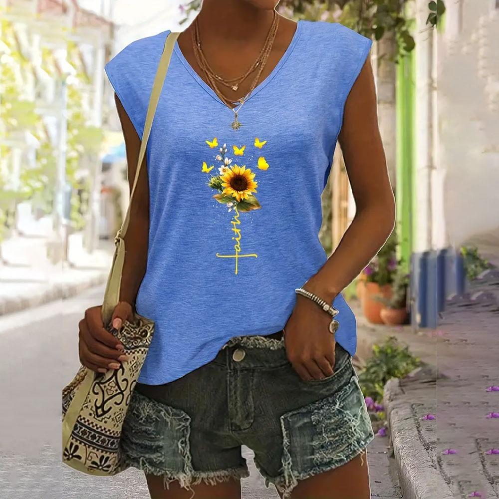 Women's V-Neck T-shirts Casual Fashionable White Sleeveless Vest 3d Sunflower Print Basic Tops Simple Style Summer Tees Shirts