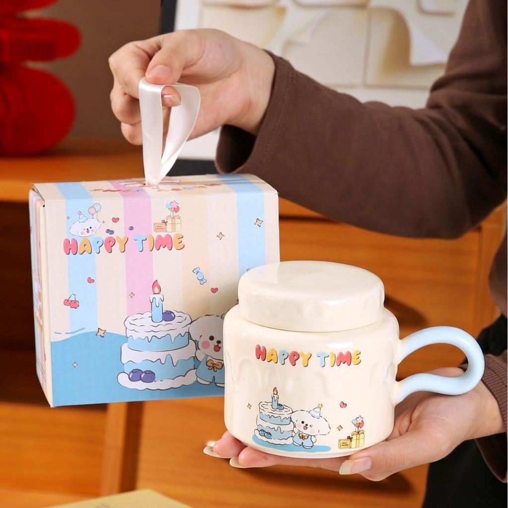 Birthday Gift Cartoon Mug with Lid Creative Ceramic Drinking Cup for Girls Office Household Milk Breakfast Cup