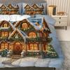 3pcs Festive Snow Cottage Christmas Duvet Cover Set Cozy Winter Holiday Theme with Illuminated House Print 1 Duvet 2 Pillowcases