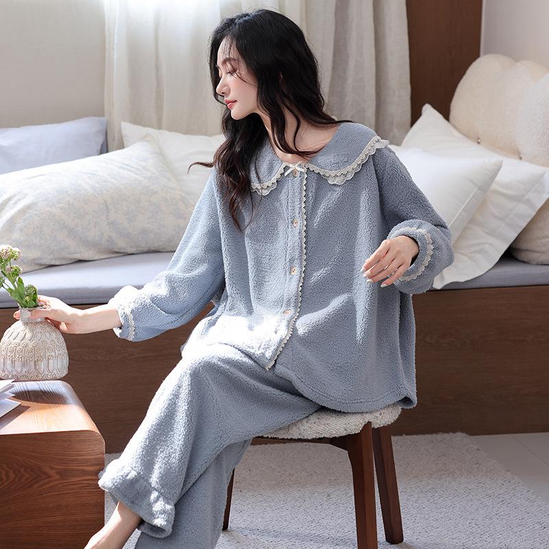 Coral Fleece Pajamas Women'S Autumn And Winter Fleece Thickened Flannel Cute Winter Loungewear Set