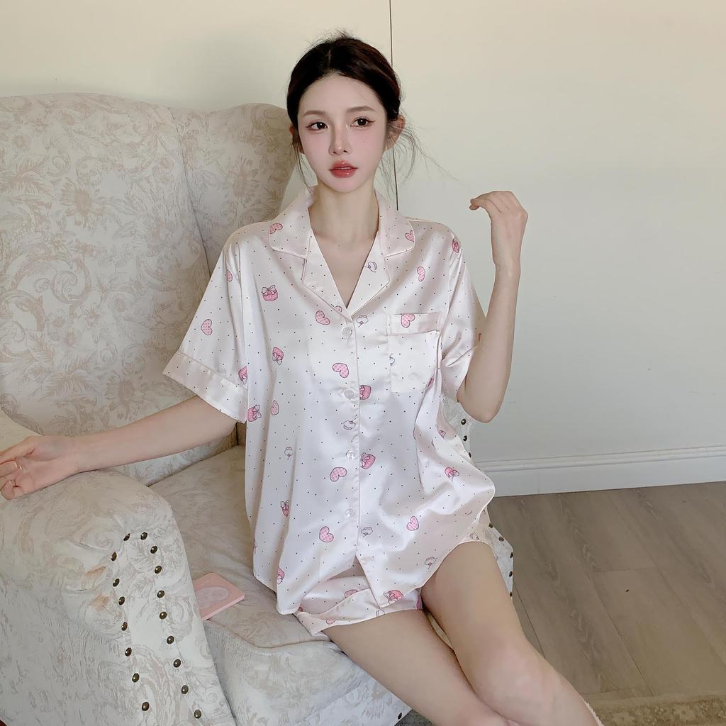 Short-sleeved shorts, summer loungewear set, simulated silk, cool pajamas can be worn outside, simple large-size ice silk pajamas