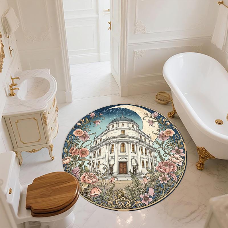 Flower Building,Round Area Rug,Carpet Rug for Living Room Bedroom Sofa Playroom Decor,Non-slip Floor Mat
